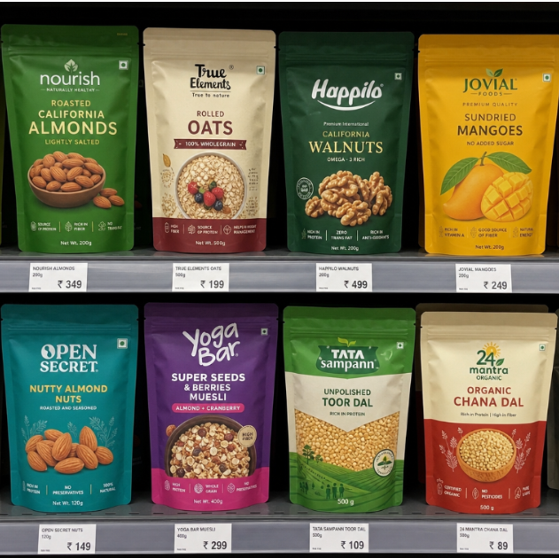 branded stand-up pouches displayed on a retail shelf