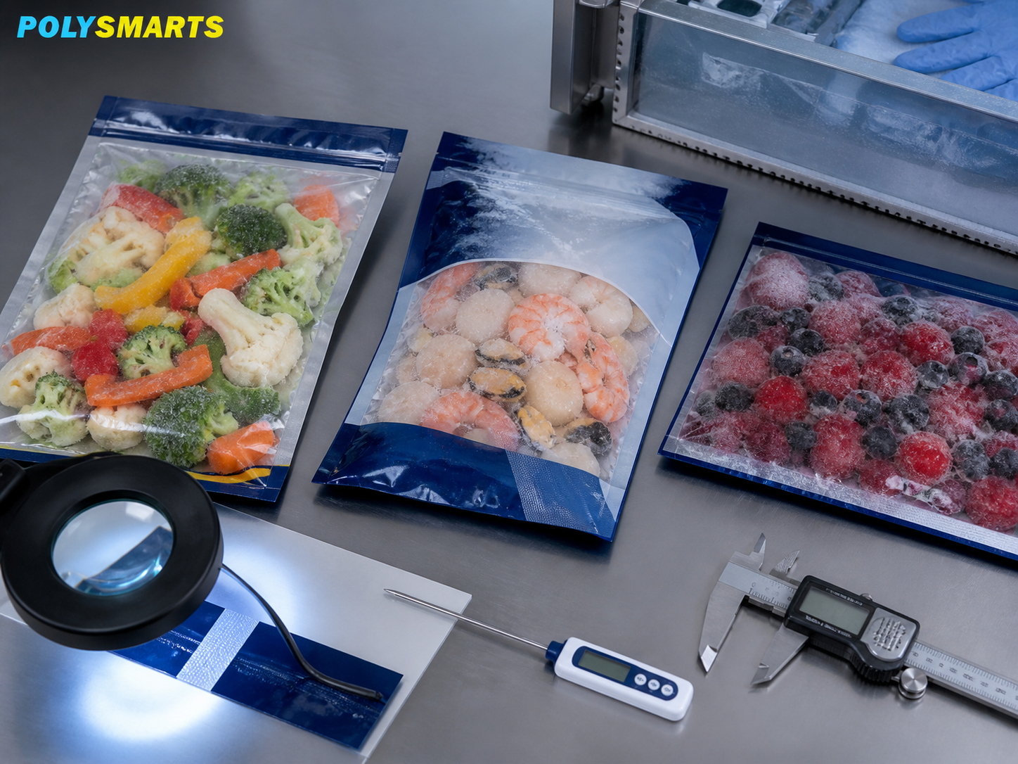 Flexible frozen food packaging for berries, vegetables, and seafood in a retail freezer