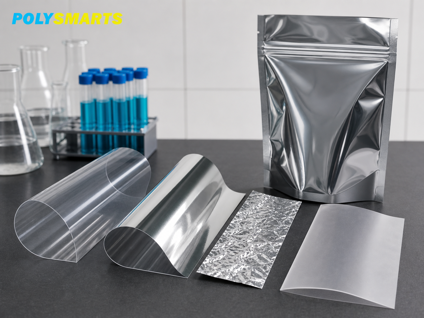 Clear PET, metallized PET, foil, sealant film, and a finished flexible pouch arranged for comparison