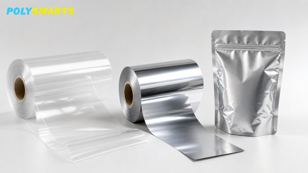 Clear PET film, reflective metallized film, and a silver stand-up pouch illustrating Mylar packaging materials