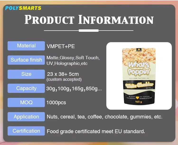 Verschiedene kundenspezifische Verpackungsmaterialien und Oberflächen für Popcorn.