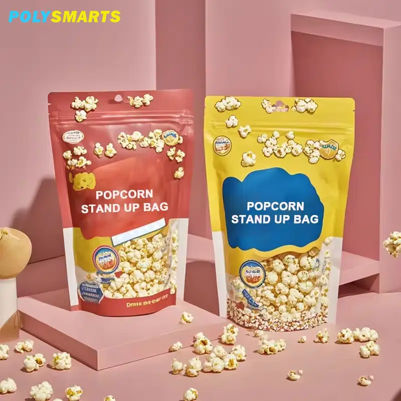 Stand-Up-Popcornbeutel nach Maß mit wiederverschließbarem Reißverschluss.
