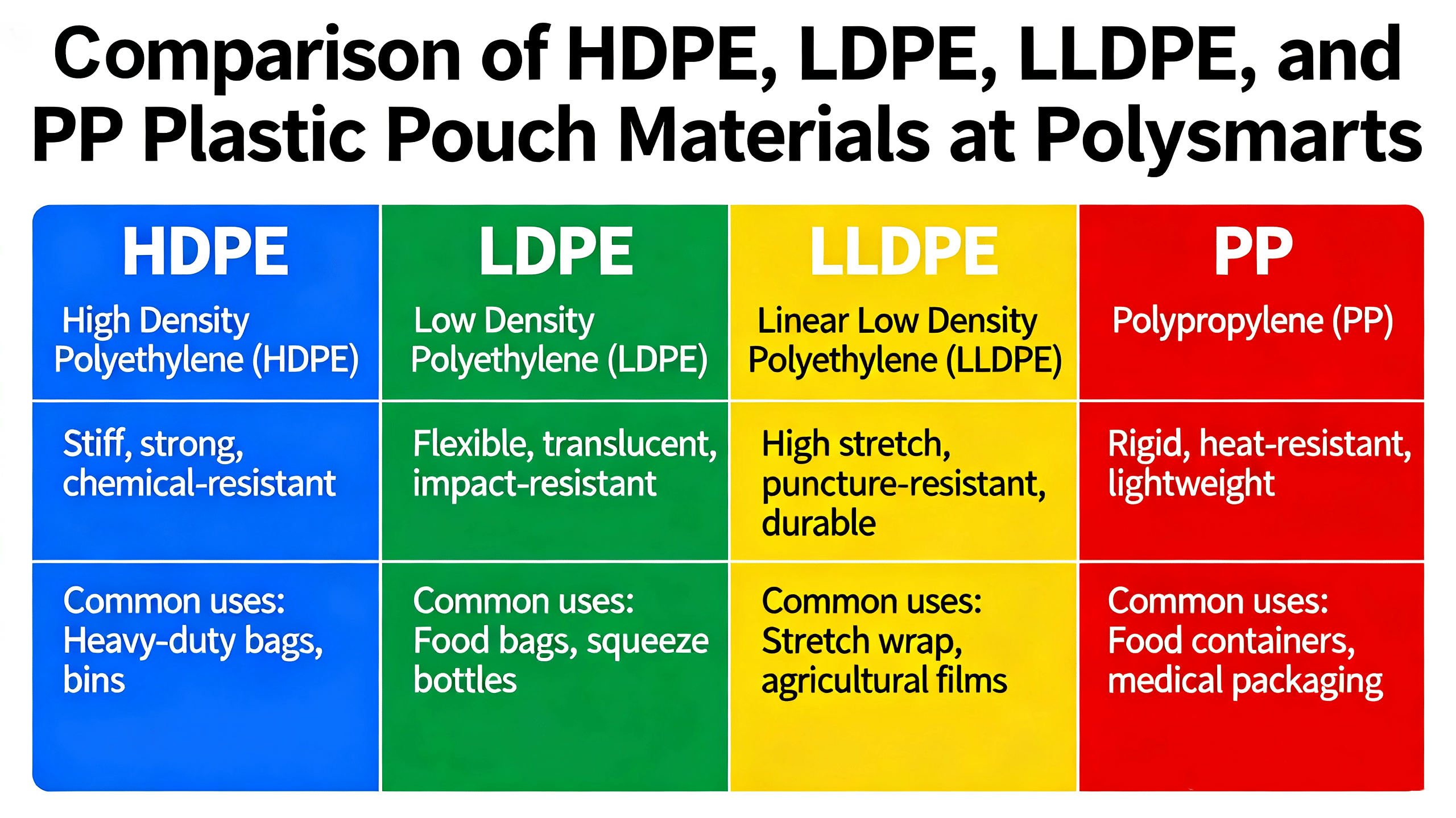 Comparaison des matériaux des sachets en plastique HDPE, LDPE, LLDPE et PP chez Polysmarts