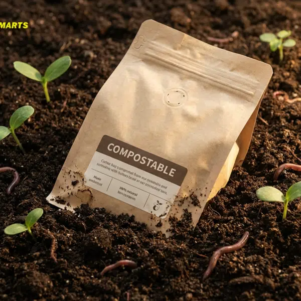 Bolsa de café compostable que se disuelve en tierra rica y oscura con pequeños brotes verdes, ilustrando el proceso de compostaje.