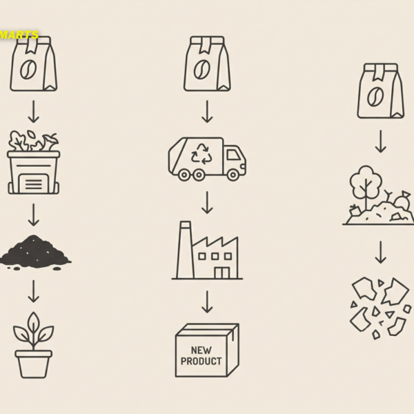  Infografik mit einfachen Symbolen und Pfeilen zum Vergleich des Lebenszyklus von kompostierbaren, recycelbaren und biologisch abbaubaren Materialien.