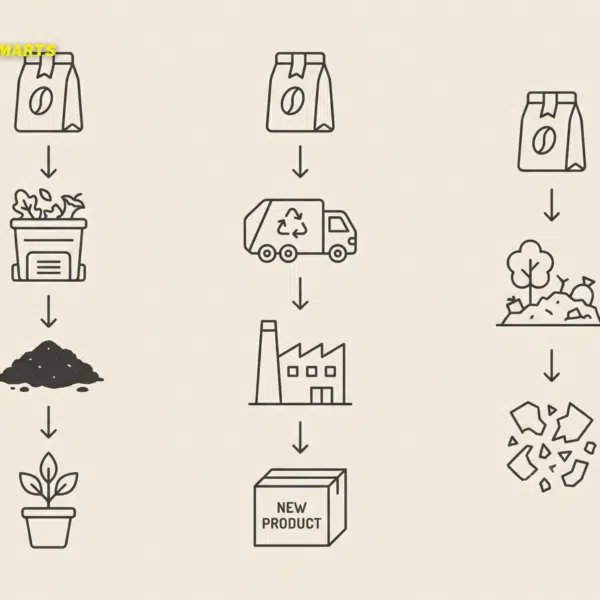  Infografía que muestra la comparación del ciclo de vida de materiales compostables, reciclables y biodegradables con íconos y flechas simples.