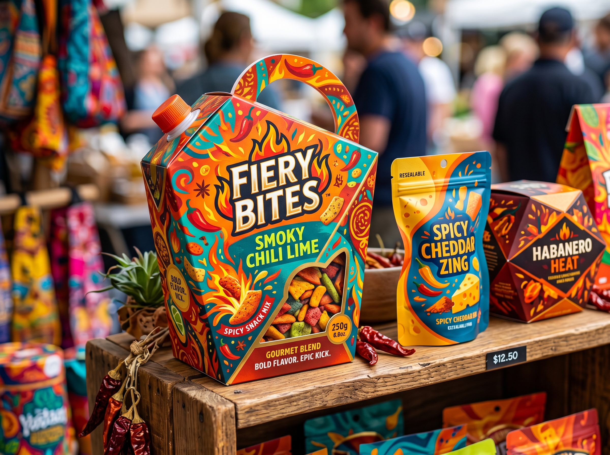 Custom food packaging design with vibrant colors and unique shapes