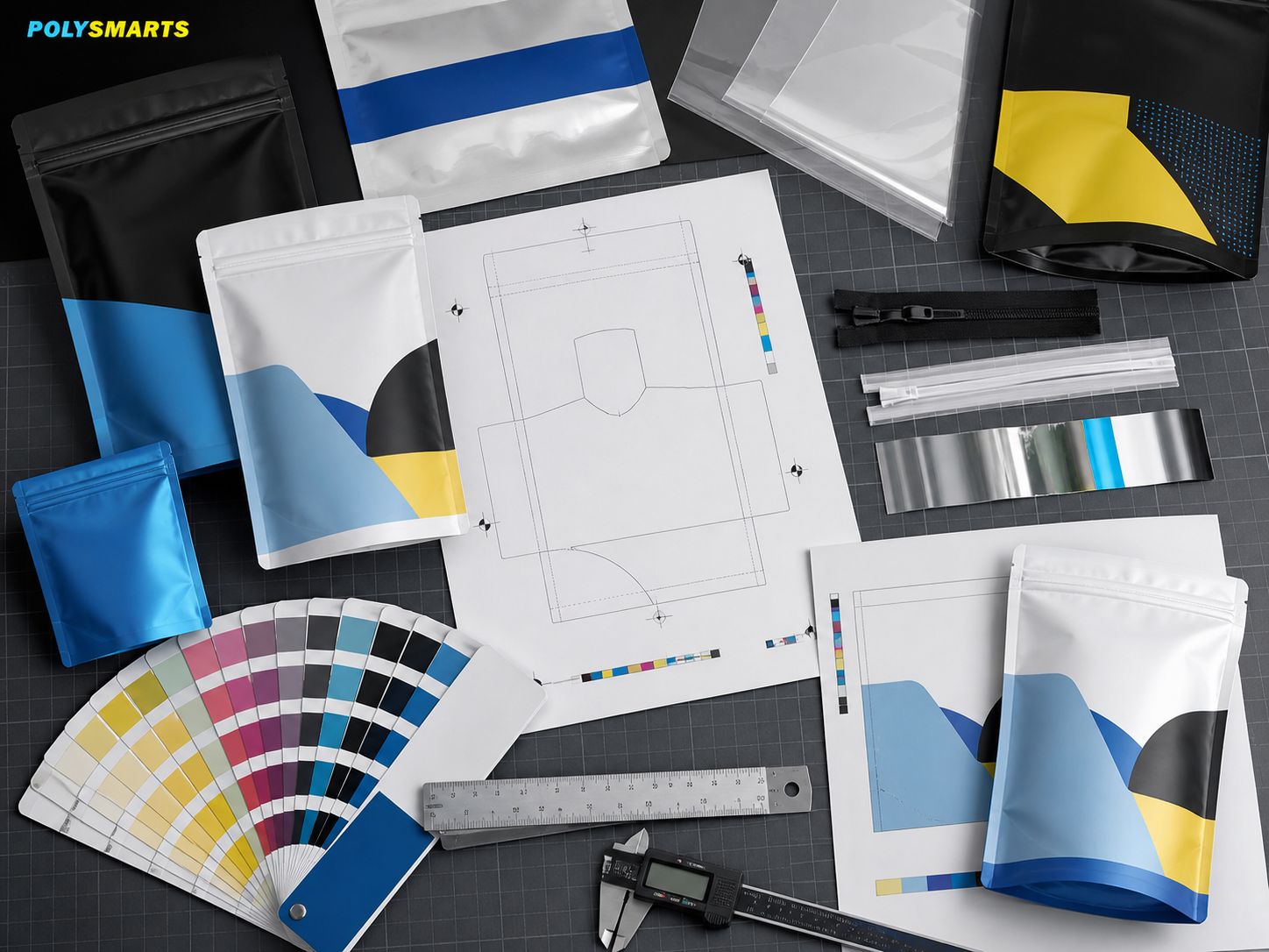 Custom pouch dielines, color proofs, seal samples, and measuring tools on a packaging workbench