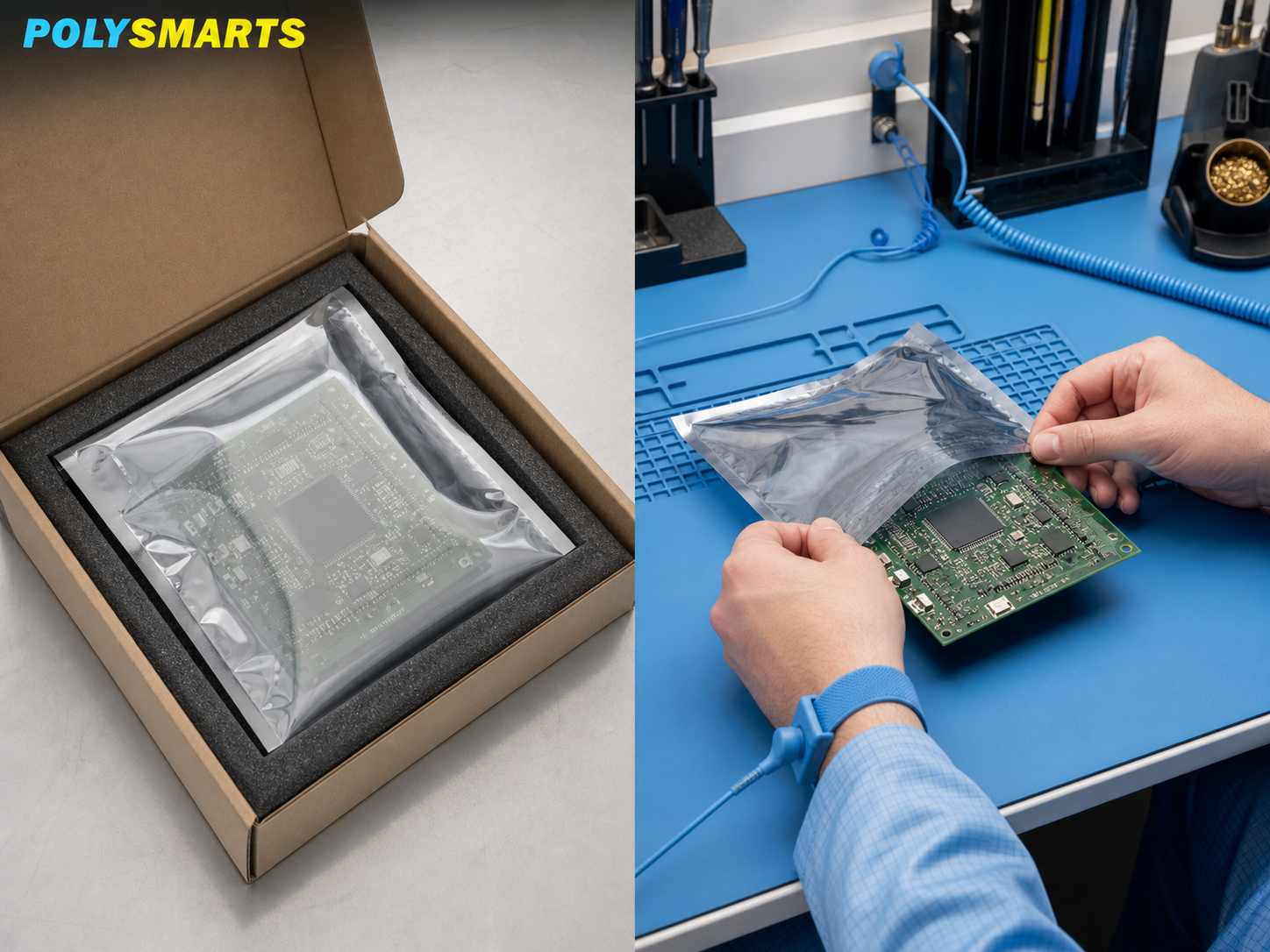 Static-shielding bag closed inside a cushioned shipping carton and opened at a grounded ESD workstation