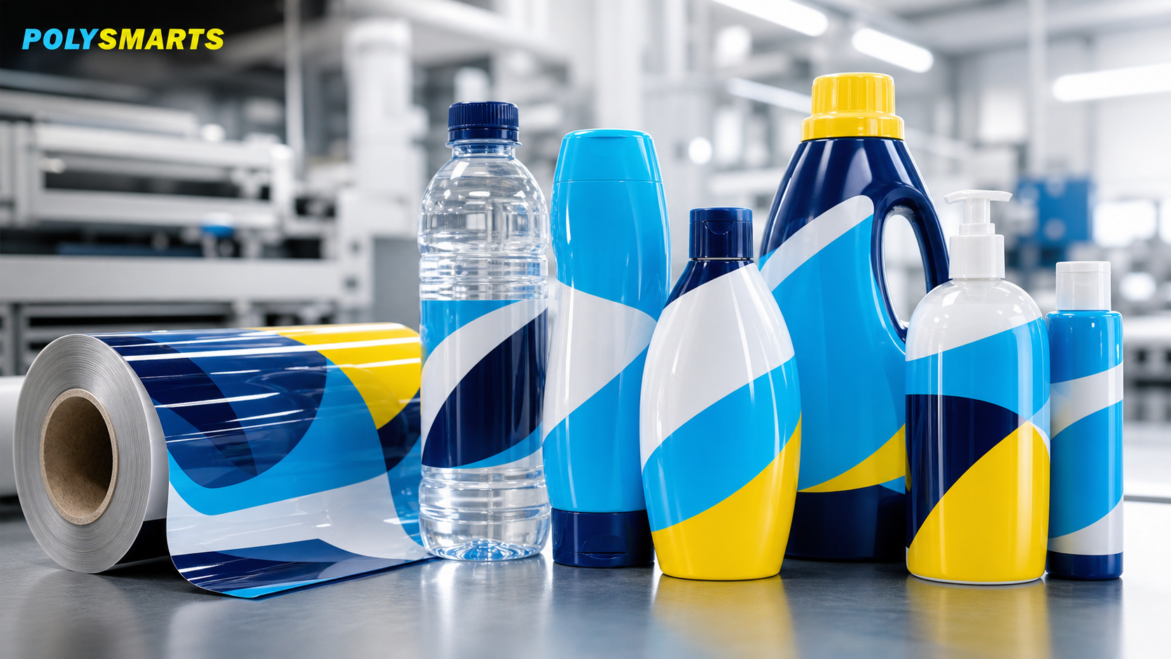 Full-body shrink sleeve packaging on beverage and personal-care containers beside a printed film roll