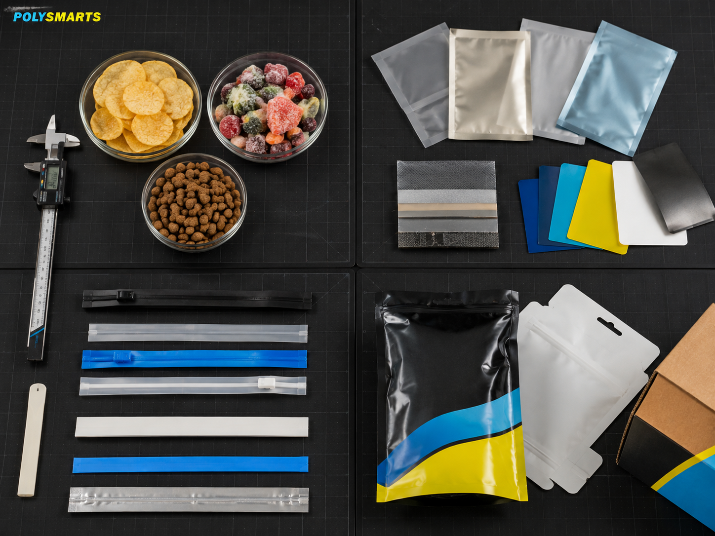 Food samples, candidate films, zipper and seal samples, measuring tools, and finished pouches