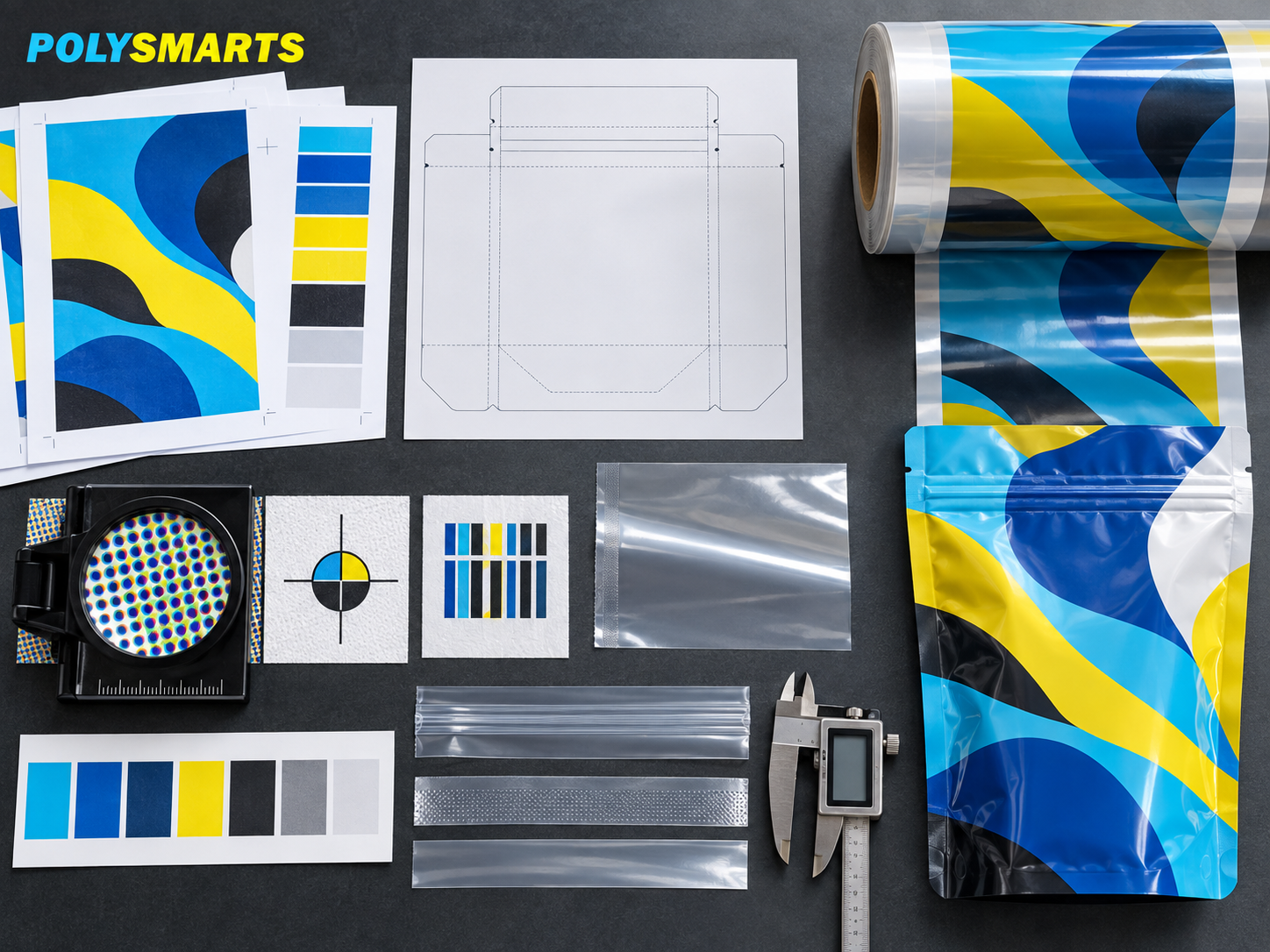 Pouch dieline, printed film, color and registration samples, seal strips, and finished printed bag