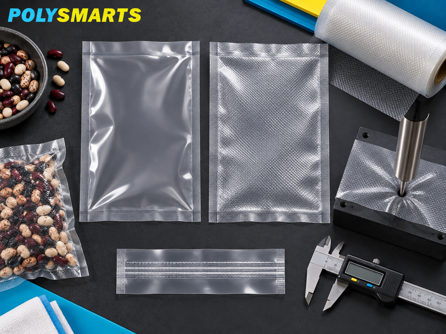 Smooth chamber vacuum pouch and embossed channel bag beside seal and puncture test samples
