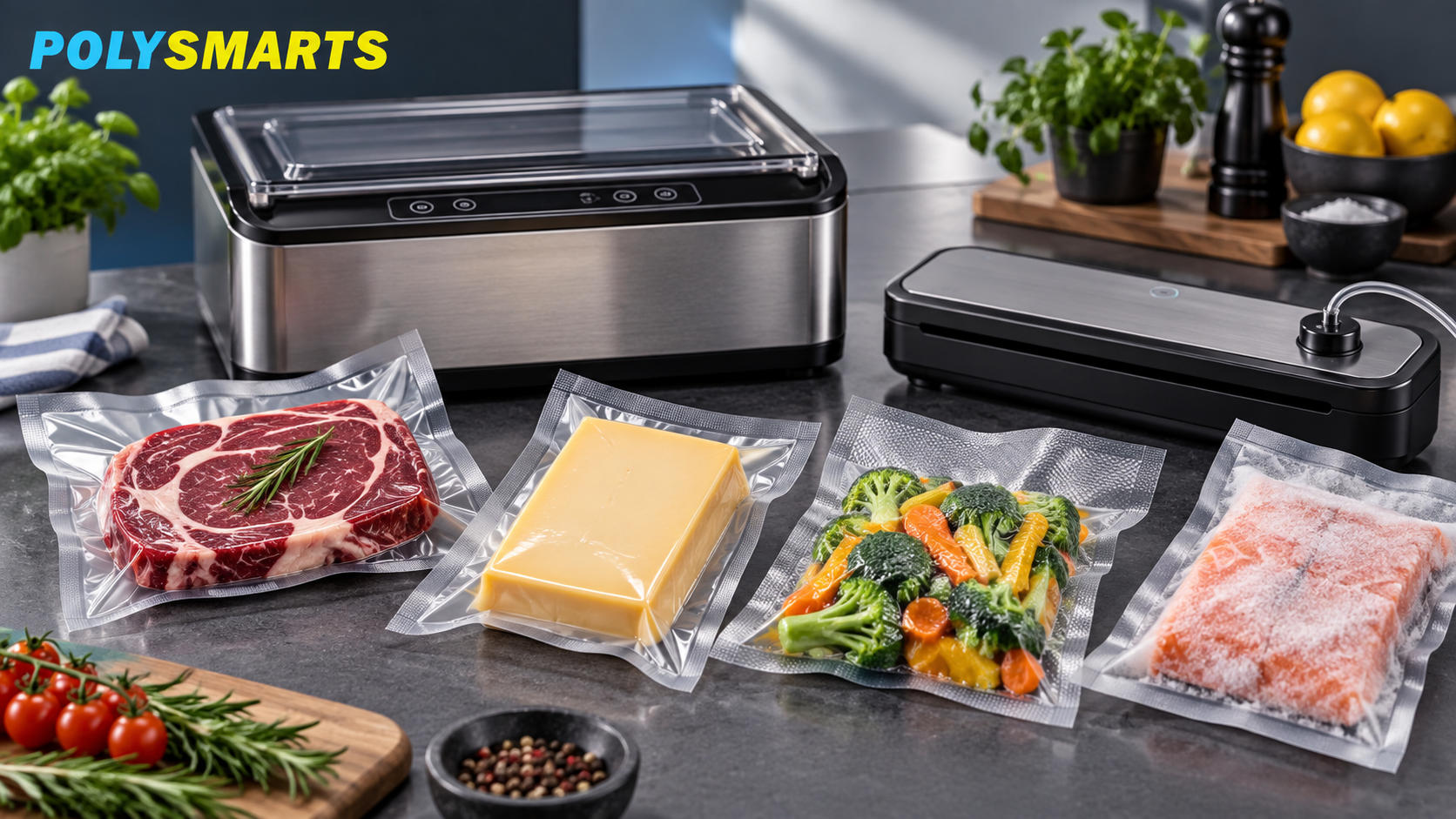 Vacuum-sealed meat, cheese, vegetables, and frozen food beside chamber and external vacuum sealers